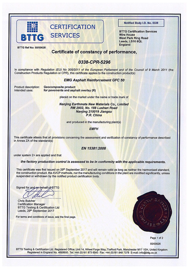 Asphaltrac GFC CE Certificate of Conformity | BTTG, U.K 