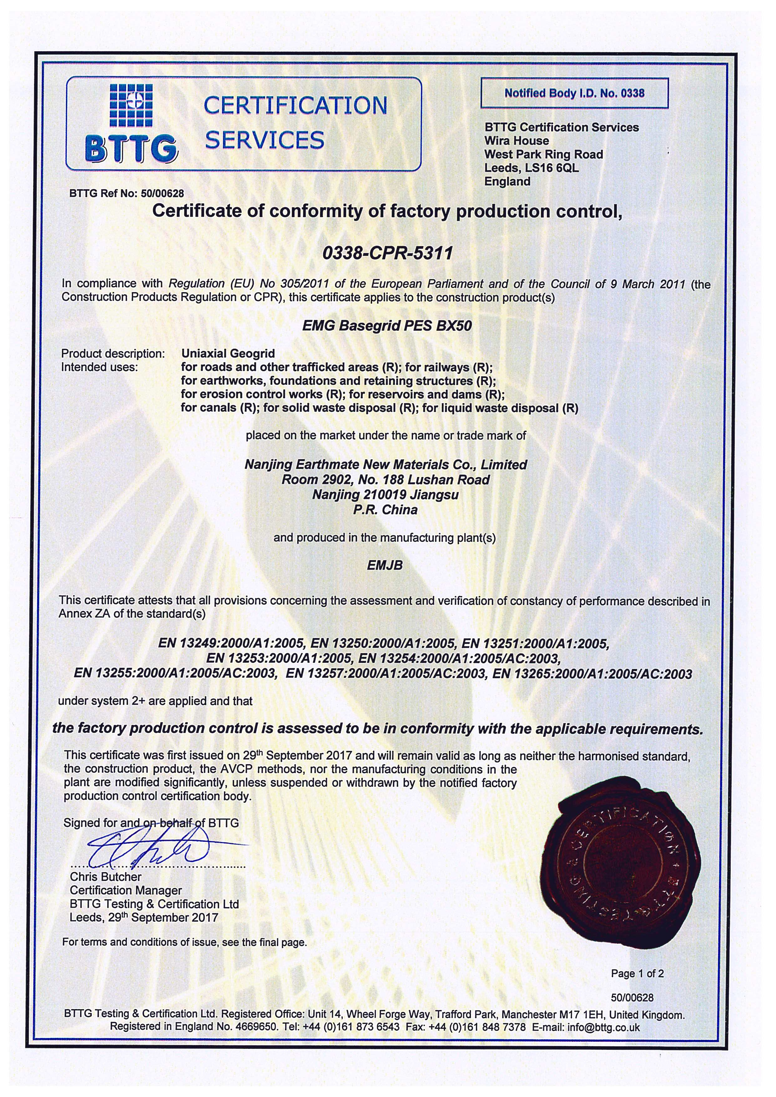 BASEGRID PES BX Geogrids CE Certificate of Conformity | BTTG, U.K.