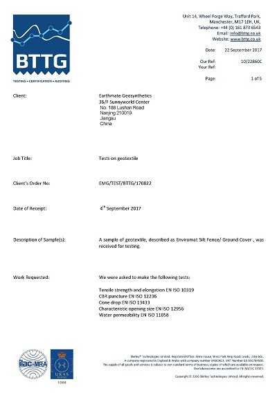 Silt Fence & Ground Cover Testing Reports| BTTG, U.K 