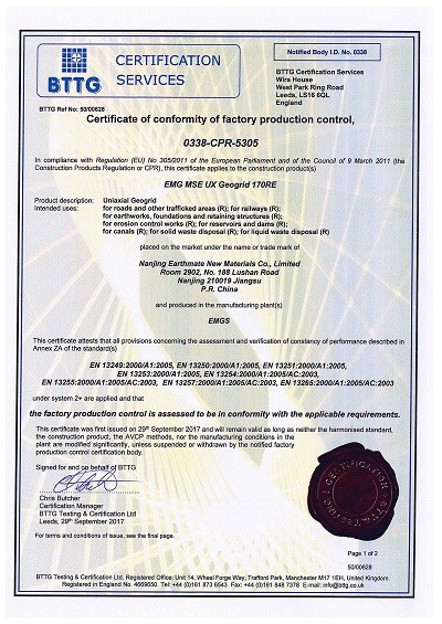 WALLSTRAIN HDPE UX Geogrids CE Certificate of Conformity|BTTG, U.K.