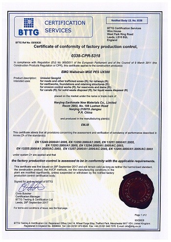 WALLSTRAIN PES Geogrids CE Certificate of Conformity|BTTG, U.K.