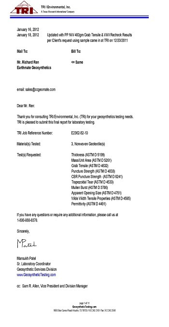 VIGORTEX PP Nonwoven Geotextiles Testing Reports | TRI, U.S.A