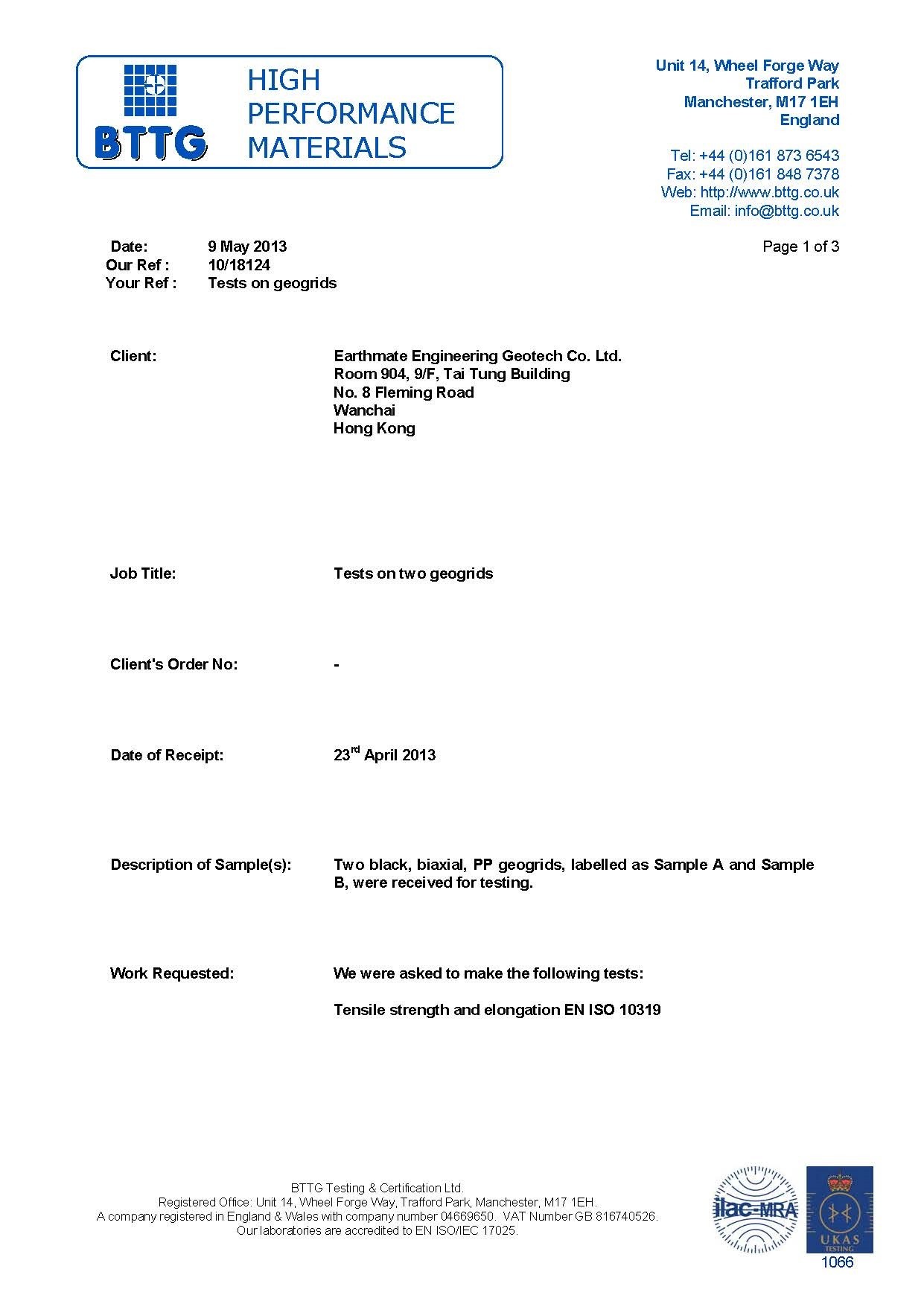 BASEGRID PP BX Geogrids BX15 & BX25 Testing Reports | BTTG, U.K.