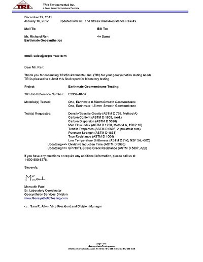 ENVIROMATE HDPE Smooth Geomembrane Testing Reports| TRI, USA