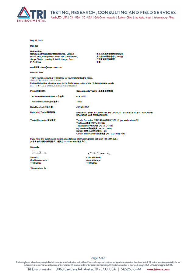 POLYDRAIN Drainage Geocomposite TP63 Testing Report | TRI, Suzhou