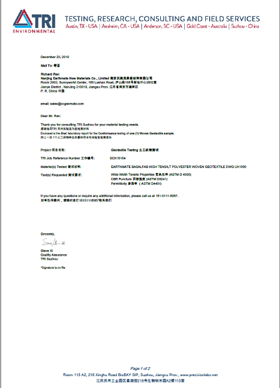 BASALFAB Polyester Woven Geotextile DWG1000 Testing Report | TRI,Suzhou 